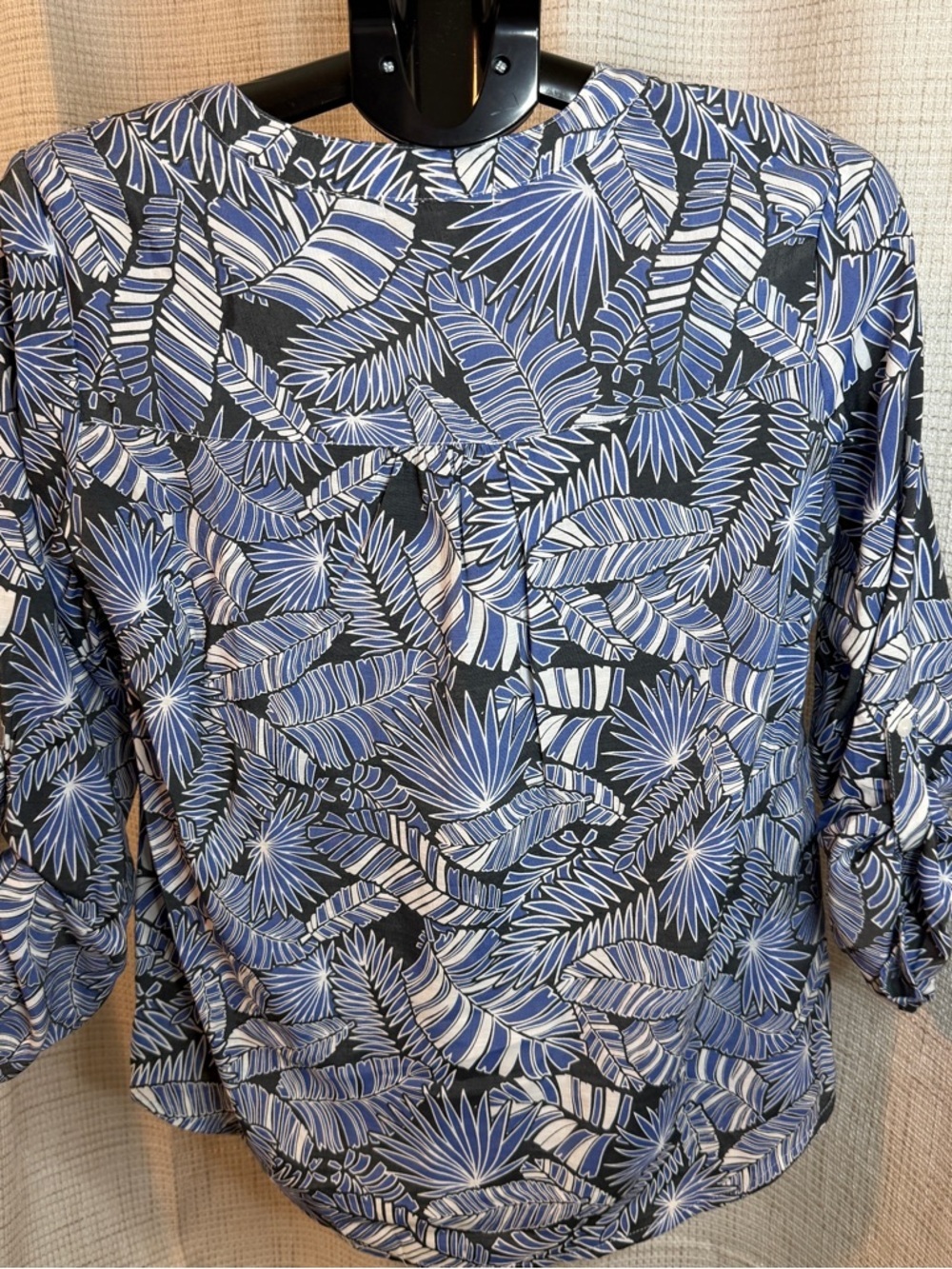 Notations Blue and Black Tropical Print Henley Blouse - Picture 4 of 7